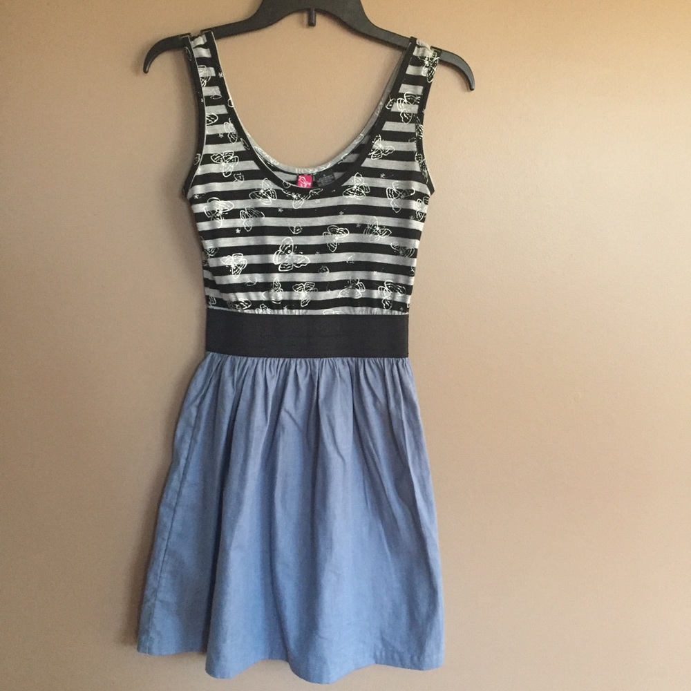 Say what? Black&gray stripe w/ faux denim dress